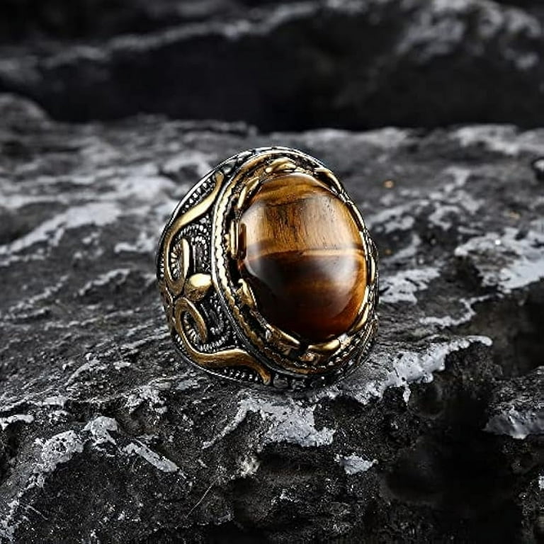 Vintage Tiger Eye Stone Men's Wedding Ring Stainless Steel Classic Signet  Ring