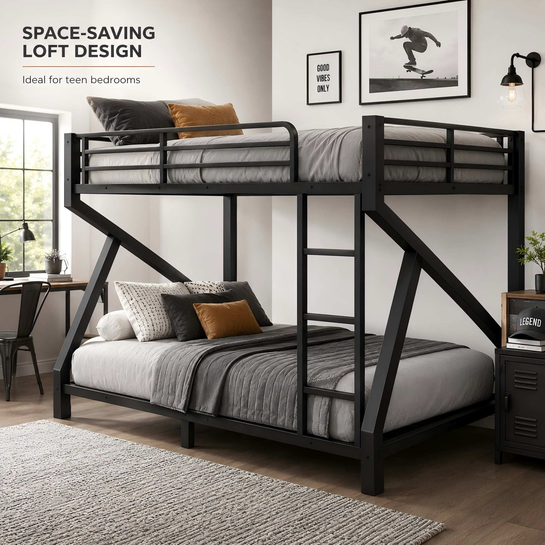 Aukfa Queen over Queen Metal Bunk Bed with Built-In Ladders, Low Profile Heavy Duty Bunk Bed with Reinforced Support Slats, No Box Spring Needed, Black