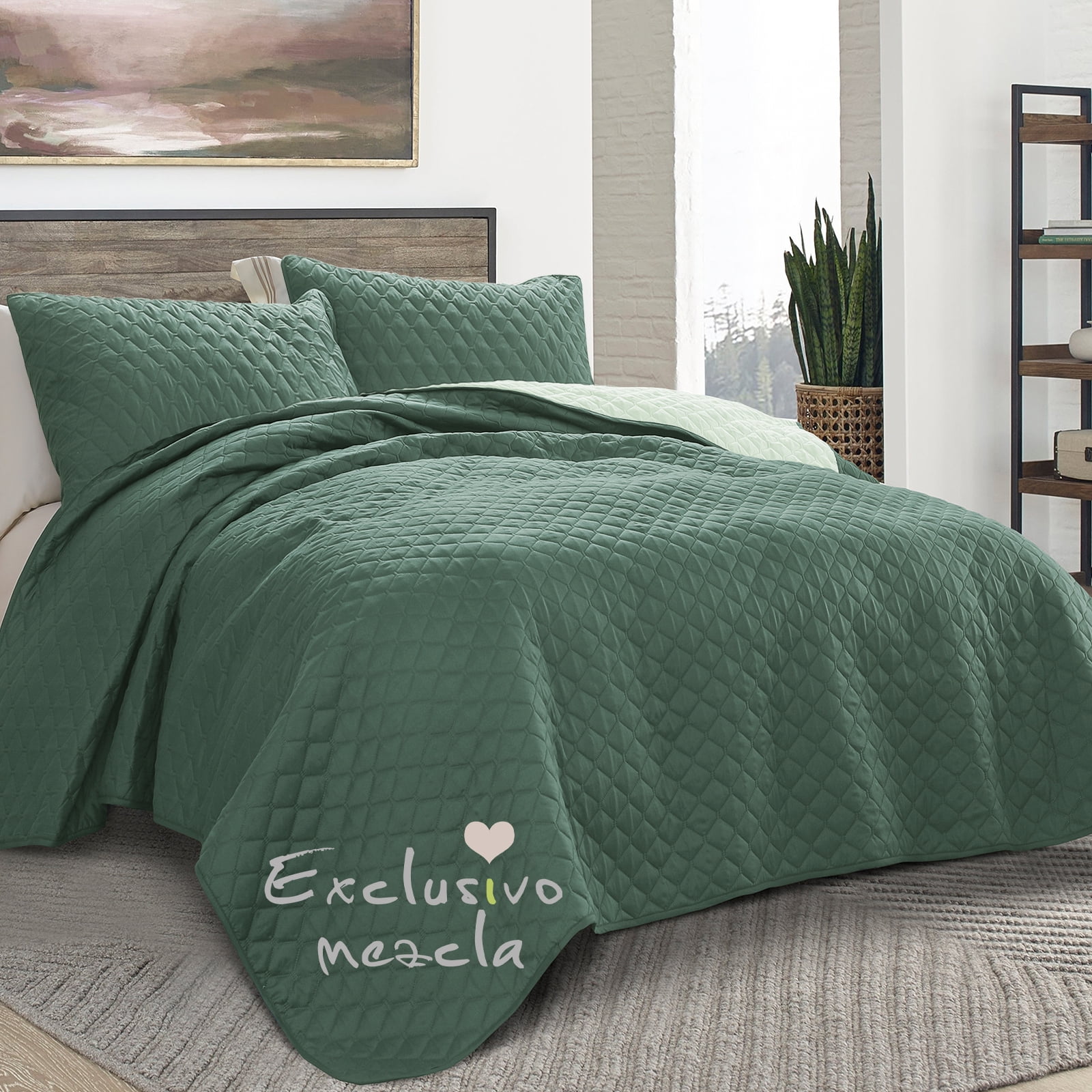 Exclusivo Mezcla King Size Quilt Set, 3-Piece Lightweight King Quilts Soft Bedspreads Bed Coverlets, Dark Green, 104"x96"