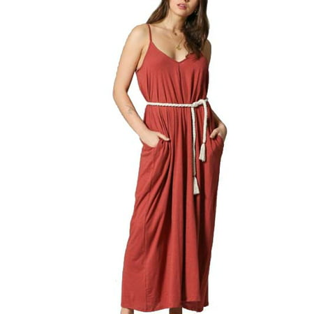 By Together Women's Slub Spaghetti Strap Maxi with Pockets-Rust-Large