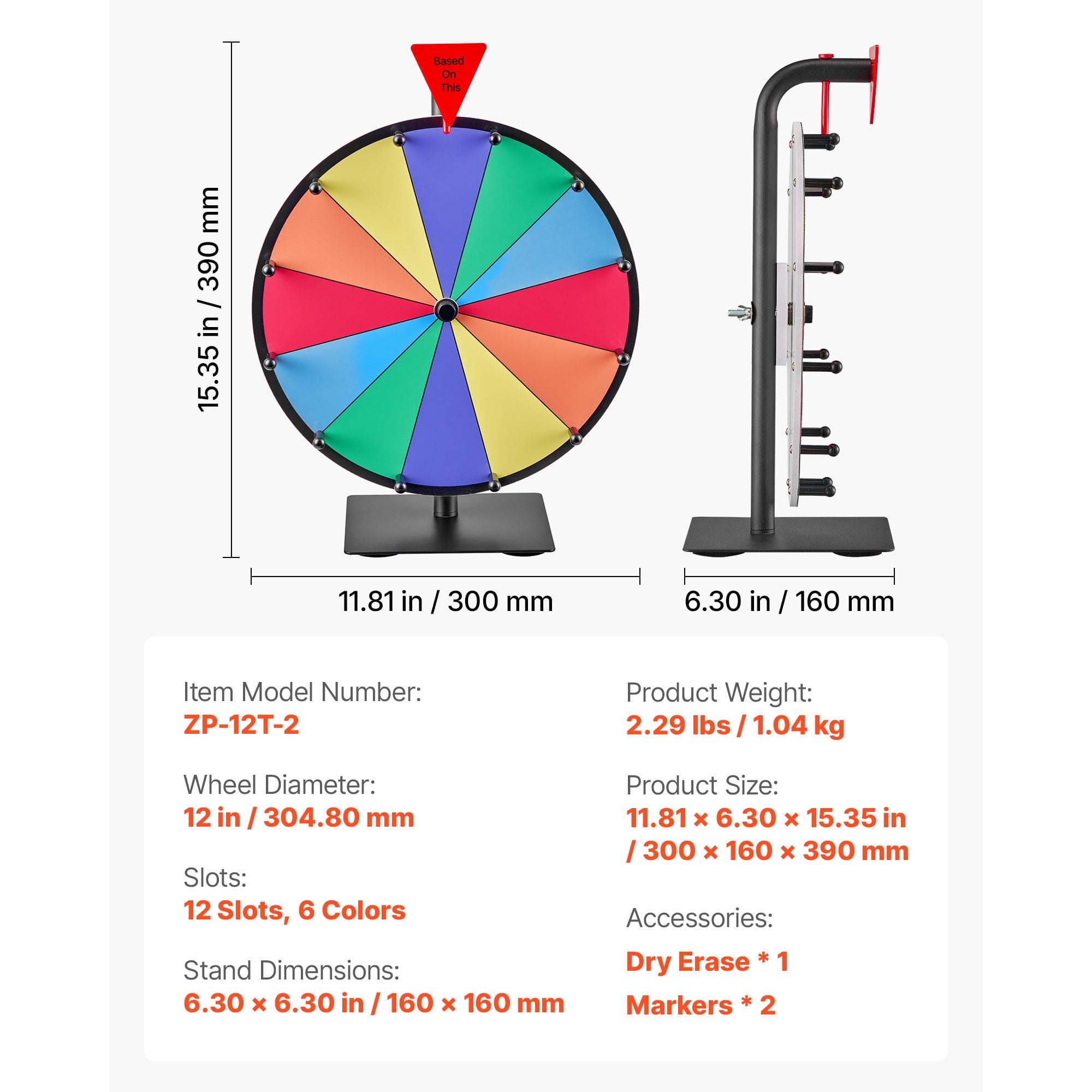 KFFKFF 12-Inch Spinning Prize Wheel with 12 Sections, Tabletop Roulette Game with Dry Erase Surface and Markers, 6-Color Design, Easy to Assemble, Ideal for Parties, Pubs, Trade Shows, and Carnivals