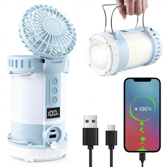 ALLJOY Camping Lantern with Fan - Rechargeable LED Lantern Fan for Tents, Power Outages, Hurricanes - Phone Charging Function - Camping Gear