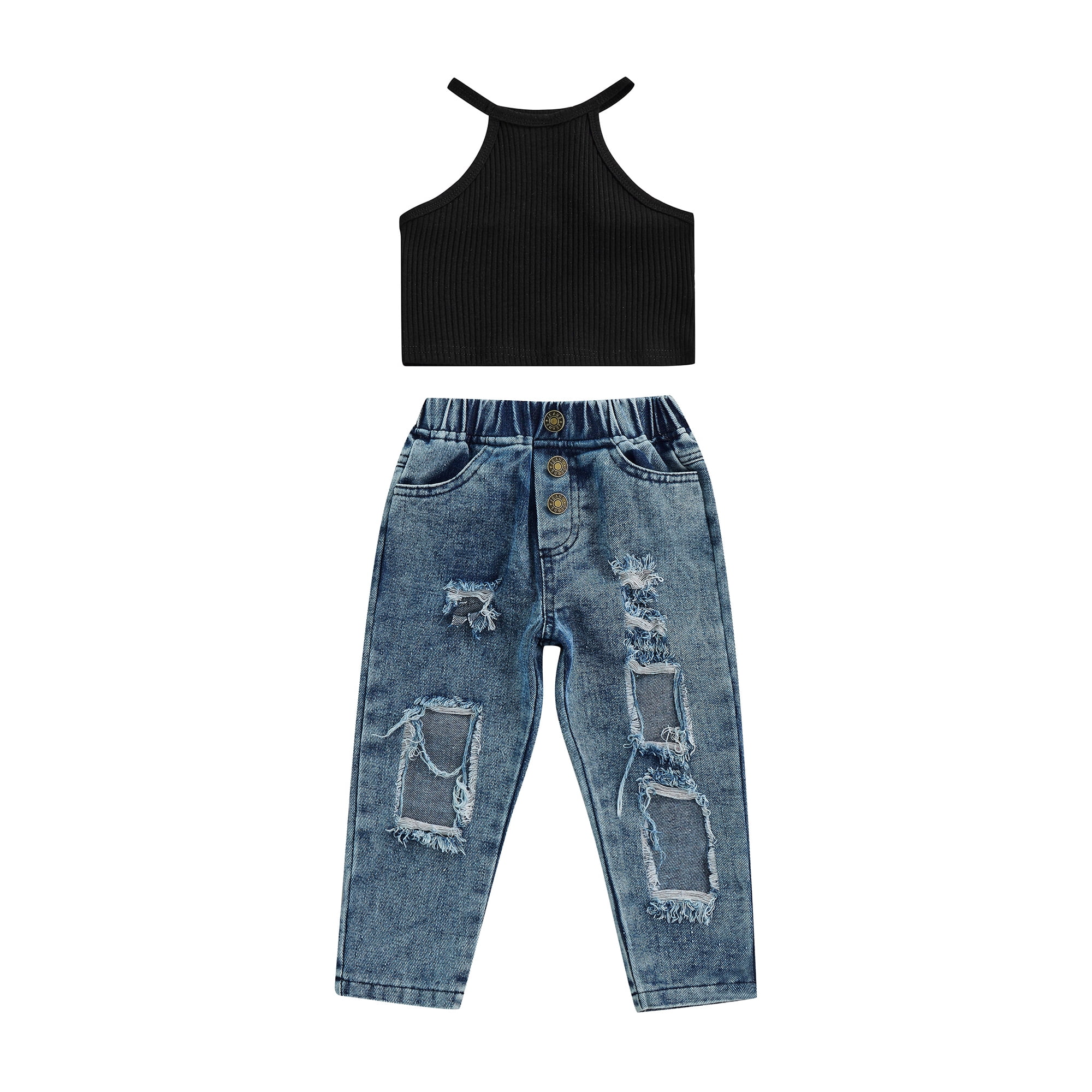 Faithtur 2Pcs Girls Summer Outfits Kids Off Shoulder Sleeveless Tank Tops Ripped Jeans with Pockets 18 Months to 6 Years Walmart