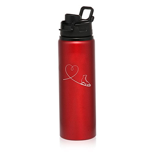 25 oz Aluminum Sports Water Travel Bottle Heart Love Ice Skating (Red) by