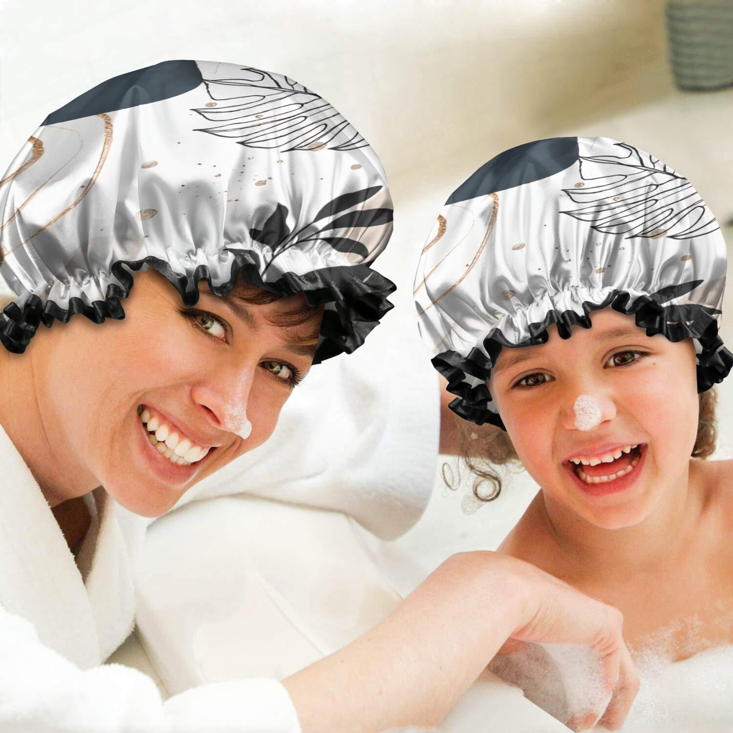 Shower Caps,Blue Boho Abstract and Plant Pattern Waterproof Shower Cap for Women 4 Pieces,Double Reusable Hair Cover for Shower PEVA Elastic Stretch Hem