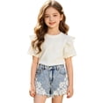 thumbnail image 4 of Girls Floral Lace Denim Shorts, Partial Elastic Waist Frayed Raw Hem Light Washed Jean Shorts, Cute Casual Summer Kids Bottoms for Daily Wear(Blue,8-9 Years), 4 of 9