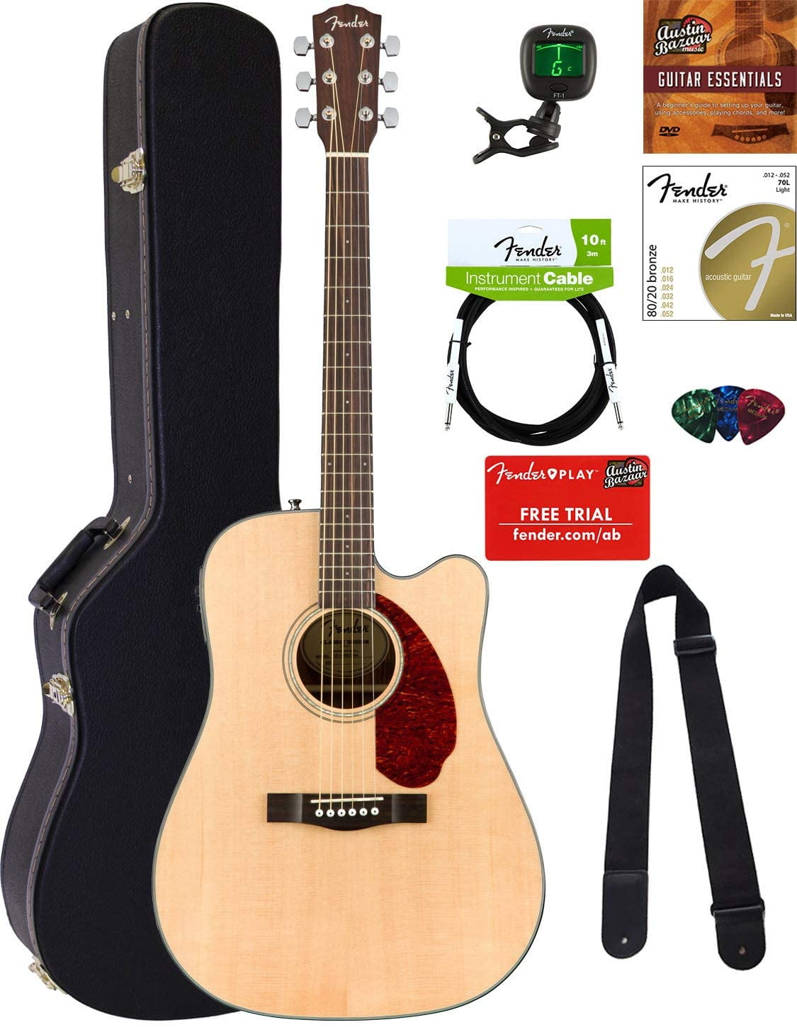 Fender CD140SCE Dreadnought AcousticElectric Guitar Natural Bundle