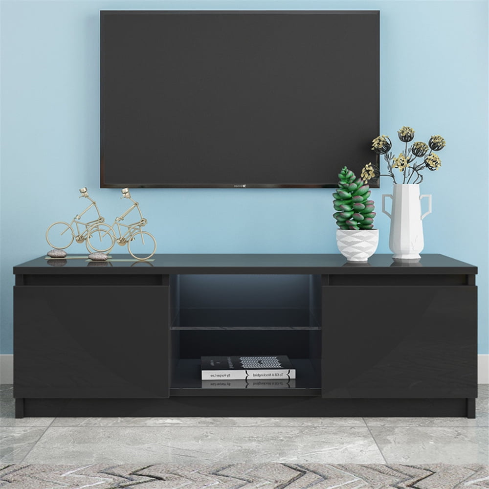 Black TV Stand, SEGMART Modern TV Console Cabinet with LED Lights, High ...