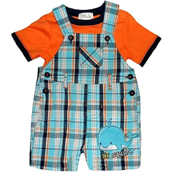 First Moments Baby Boy's Blue & Orange Short Overall & One Piece T-Shirt-3 Months