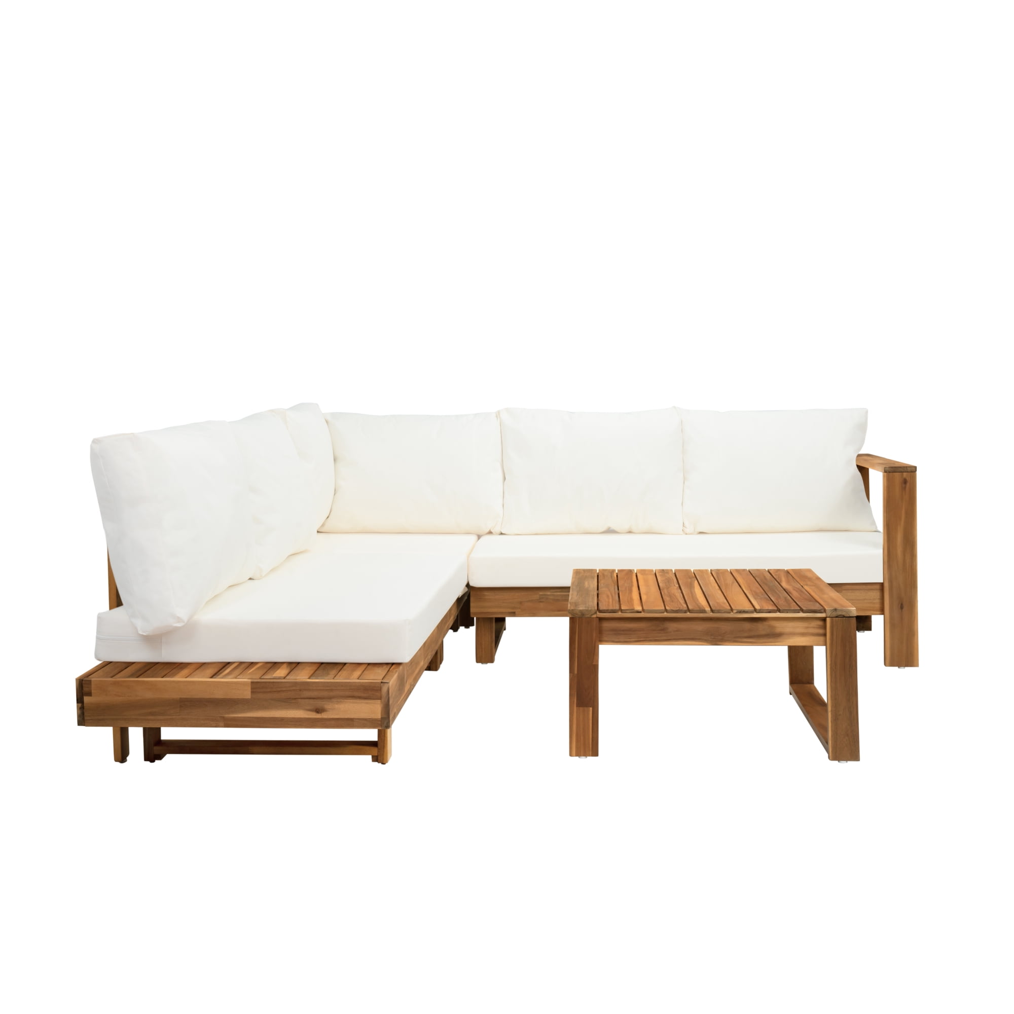 4‑Piece Acacia Wood Outdoor Sectional Patio Sofa Set, Waterproof Fabric Cushions, Cream Teak Finish, L‑Shape Conversation Furniture Set for Backyard Garden Deck