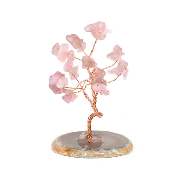 Feng Shui Decoración Piedras Preciosas Árbol de la Vida Piedras Caídas de Alambre de Oro Rosa con Base de Rebanada de Ágata Árbol de Dinero Chino Decoración de Sala de Estar para Riqueza Suerte, Cuarzo Rosa JM