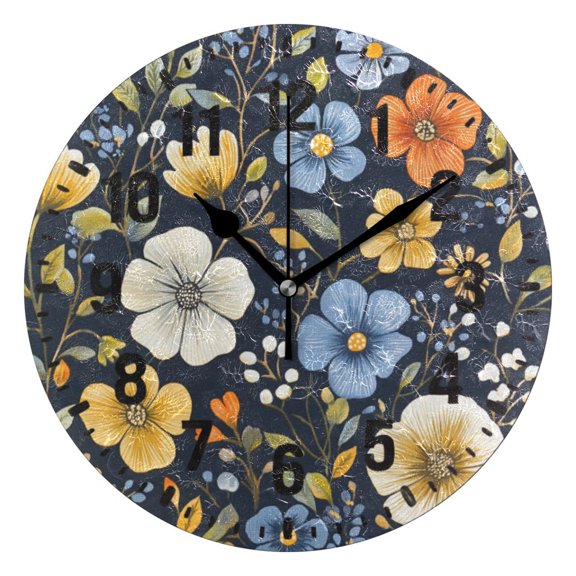 Yayeee 10" Wall Clock Battery Operated Quartz Round Silent Non-Ticking Home Decor, Navy Floral Pattern