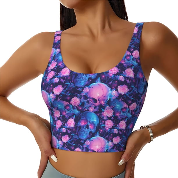 Balery Blue Skull Rose Sujetadores deportivos con espalda cruzada para mujer, acolchados, sin costuras, de alto impacto, ideales para yoga, gimnasio, entrenamiento y fitness.-