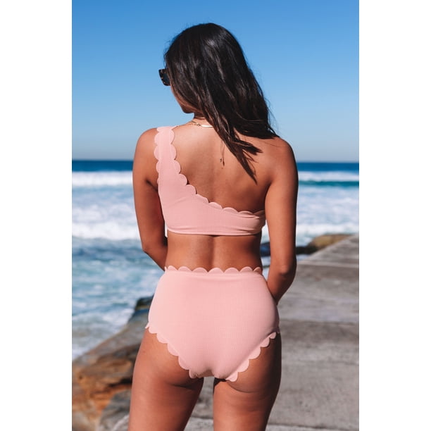ABPHQTO Bikini rosa de cintura alta con ribete festoneado y un hombro para mujer