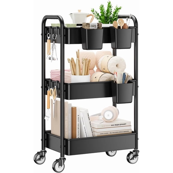 3 Tier Rolling Cart - Metal Utility Cart with Wheels, Hanging Cups, Hooks, Heavy Duty Mesh Rolling Storage Cart Organizer, Craft Cart for Kitchen Office, Lightweight and Sturdy