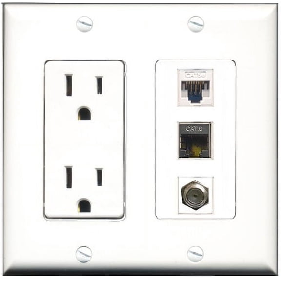 RiteAV - 15 Amp Power Outlet 1 Port Coax 1 Port Shielded Cat6 Ethernet Ethernet 1 Port Cat5e Ethernet White Decorative Wall Plate