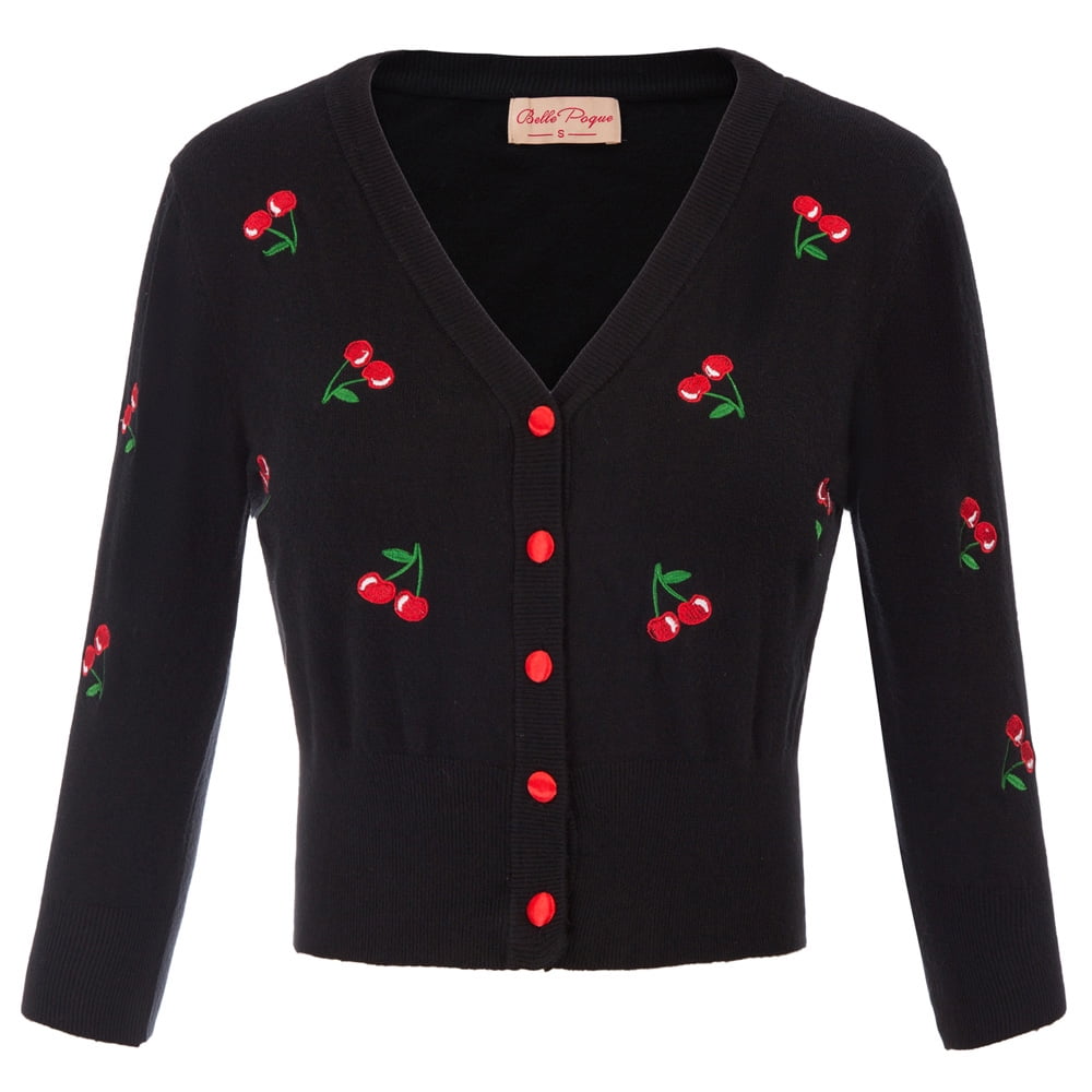 Women's 3/4 Sleeve V-Neck Button Down Cherries Embroidery Cropped Cardigan  Sweater Coat