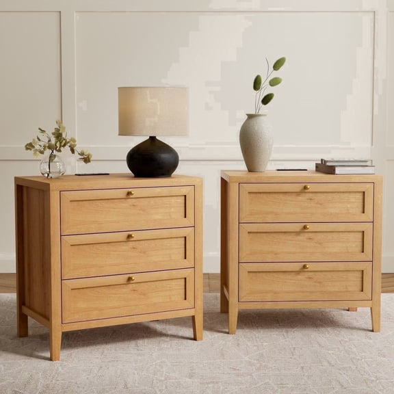 EYYTHUNG Large Nightstand Set of 2 with 3 Drawers, Farmhouse Bedside End Table Modern Wood Night Stand, Natural Oak