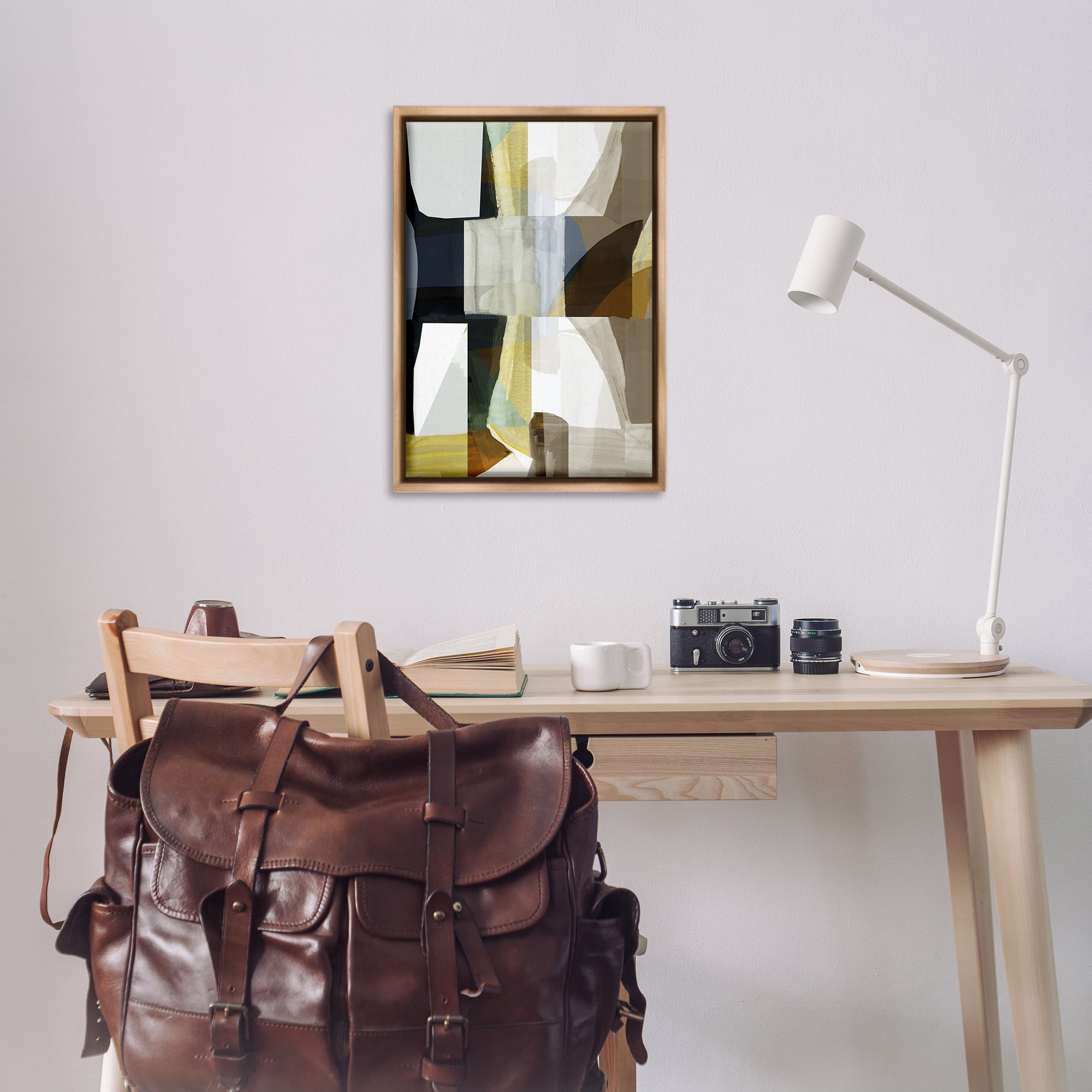 Stupell Industries Geometric with White Blocks Abstract Painting Brown Floater Framed Canvas Art Print Wall Art, 21 x 31
