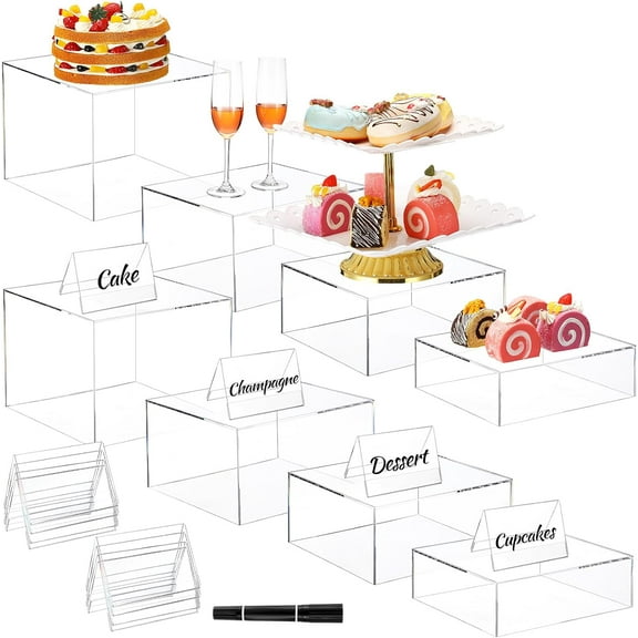 8 Pcs Acrylic cube Riser with 8 Signs Clear Buffet Riser Acrylic Cake Dessert Stand 6/6.5/ 7/ 8inch for Food Display Dessert Table Nesting Acrylic Stand with Hollow Bottom for Wedding Party