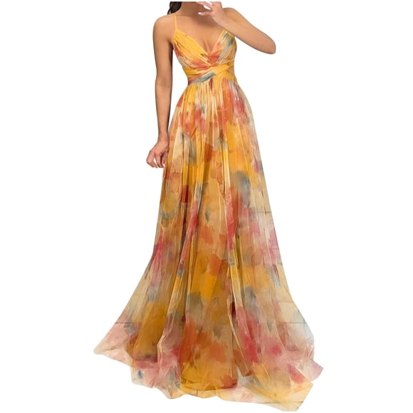 Wo-Fusoul Women's Floral Print V-Neck Spaghetti Strap Dress, Casual Summer Dress with Lightweight Mesh Fabric, Comfortable and Breathable for Daily Wear and Parties