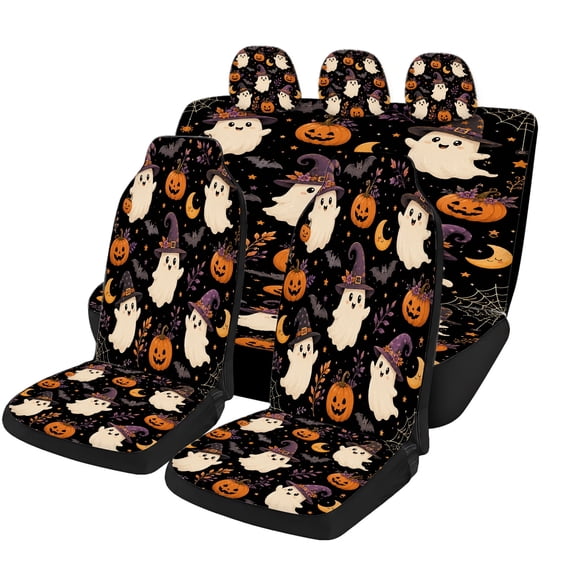 Verolix Halloween Ghost Pumpkin Car Seat Covers Full Set, Mesh Fabric Universal Fit Front Rear Seat Protectors, Cute Spooky Bat Moon Spider Web Auto Interior Accessories for Cars SUVs Trucks Vans