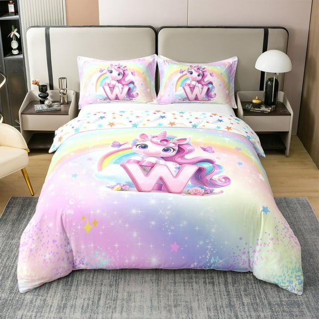 Erosebridal Housse de Couette en Coton 100 % Lettre Initiale W Format Très Grand, Ensembles de Literie Licorne de Rêve Format Très Grand, Déco Étoiles Scintillantes, Réversible 3 Pcs (Sans Couette)