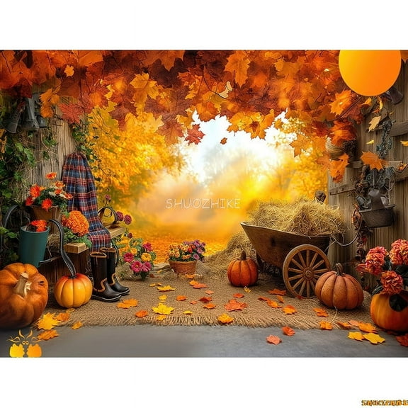 Hallowe Day Theme Photography Backdrops Props Wagon Flowers Fall Sce With Pumpkin Patch Door Photo Studio Background HW-02