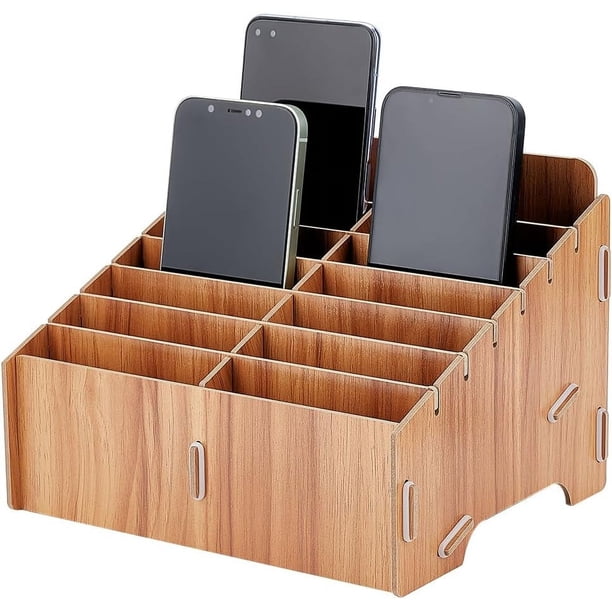 Organizador de madera para teléfono móvil con 14 compartimentos, desmontable, creativo y de escritorio.