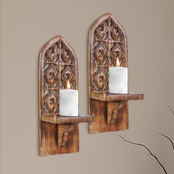 Burnt Natural Wall Mounted Candle Sconces (Set of 2) - Decorative Hand-Carved Wooden Candle Holders, Farmhouse Style, Perfect for Living Room, Bedroom & Kitchen Wall Décor - 16 Inch