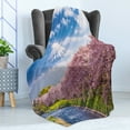 thumbnail image 4 of Mountain Soft Flannel Fleece Throw Blanket, View of River and Clear Sky with Cherry Blossoms, Cozy Plush for Indoor and Outdoor Use, 50" x 70", Azure Blue Pale Pink, by Ambesonne, 4 of 5