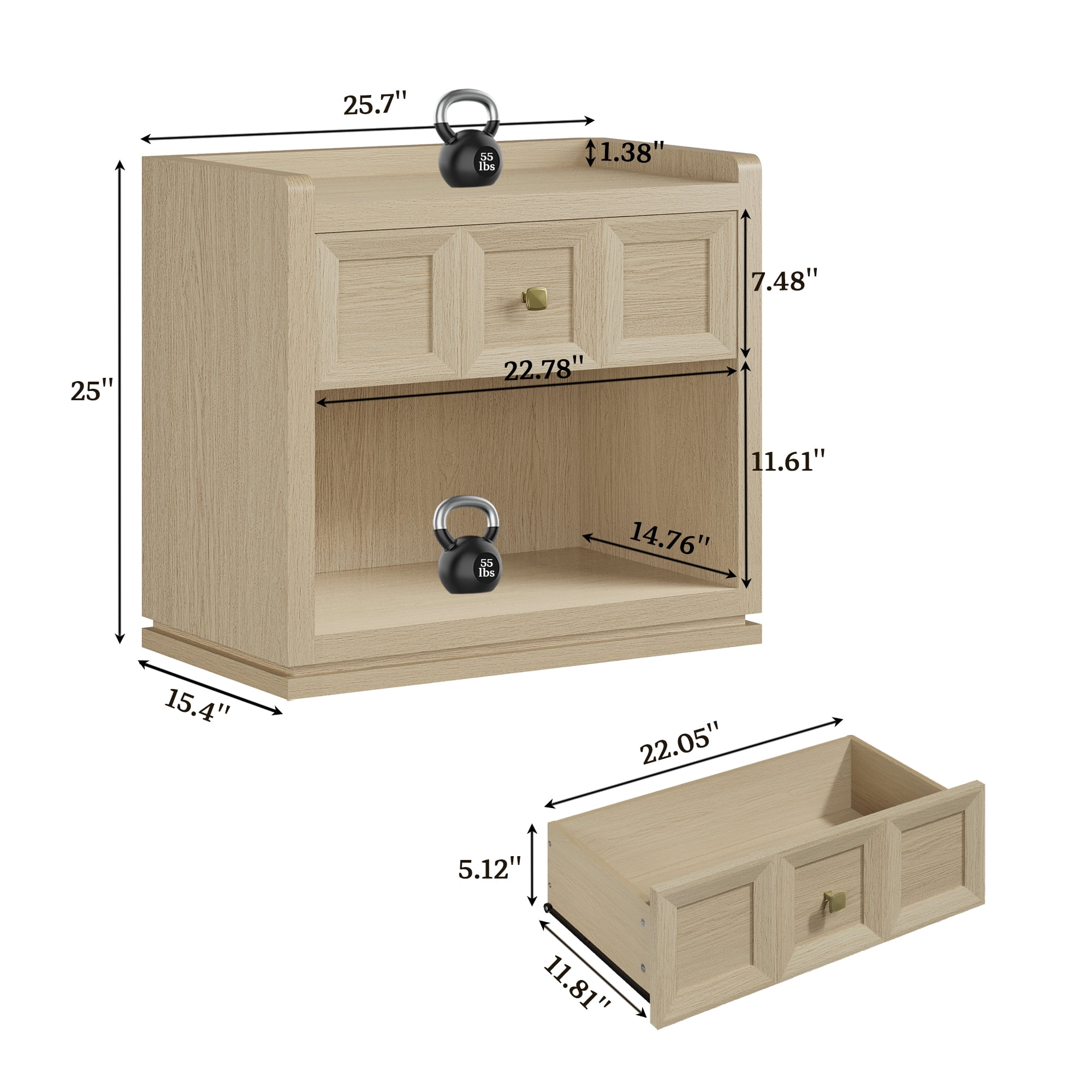 SICOTAS 26" W Farmhouse Nightstands Set of 2, Big nightstands with Drawer & Open Shelves, Large Bedside Table, End table for Bedroom, Living Room, Oak