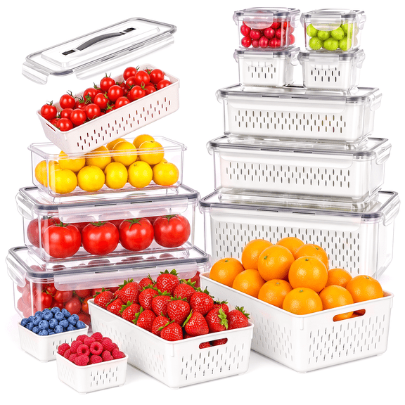 10 Pack Fruit Storage Containers for Fridge with Removable Colander & Handle Lid, Refrigerator Organizers and Storage, 10-in-1 Leakproof Organizer for Salad, Berries, Vegetables & Meat.