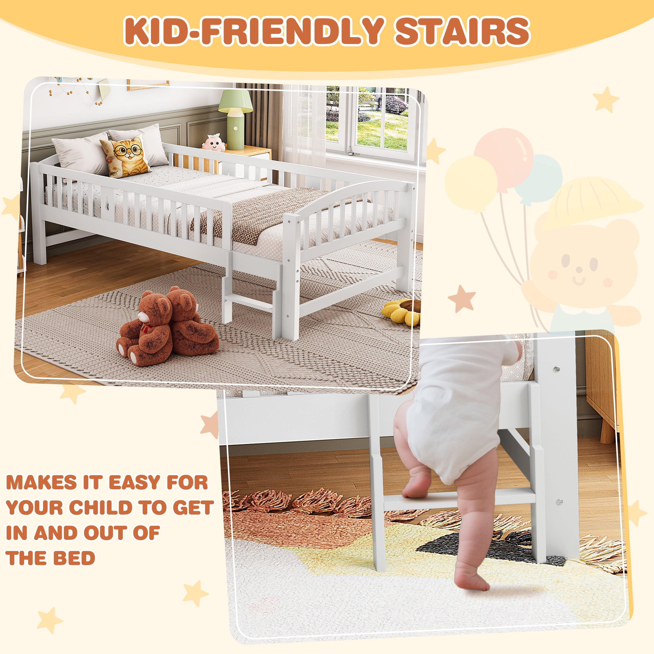 Sesslife Twin Platform Bed Frame, Solid Wood Montessori Bed with Safety Guardrails and Ladder, Twin Low Profile Bed with Slats for Boys Girls, No Box Spring Needed, Holds 400 lbs, Grey