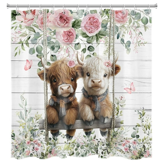 Cattle Shower Curtain Cute Calves Swing Pink Flowers Green Eucalyptus Leaves Bathroom Shower Curtain Funny Spring Home Decor Waterproof Durable Shower Curtain Accessories with 12 Hooks 72x78 Inches