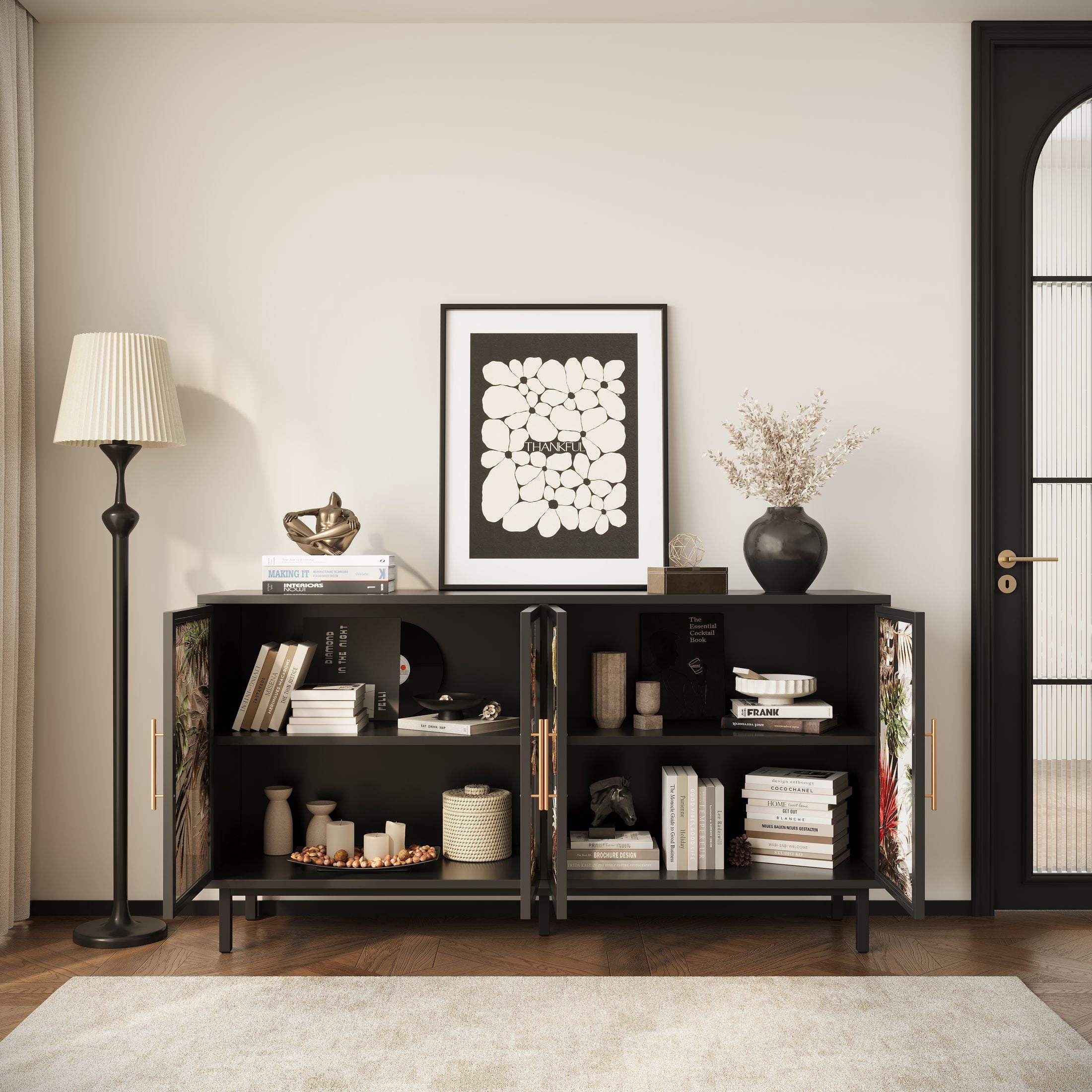 Noble House 60.4" Wooden Buffet Cabinet with Tropical Plant Glazed Glass Doors, Retro Storage Console Table, Black