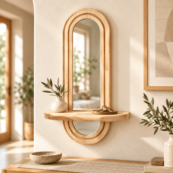 Wooden Wall Mirror with Built‑In Storage Shelf, Natural Solid Wood Framed Decor Mirror, Wall‑Mounted Stylish Vanity Mirror for Entryway Bedroom Bathroom Home Arrangement