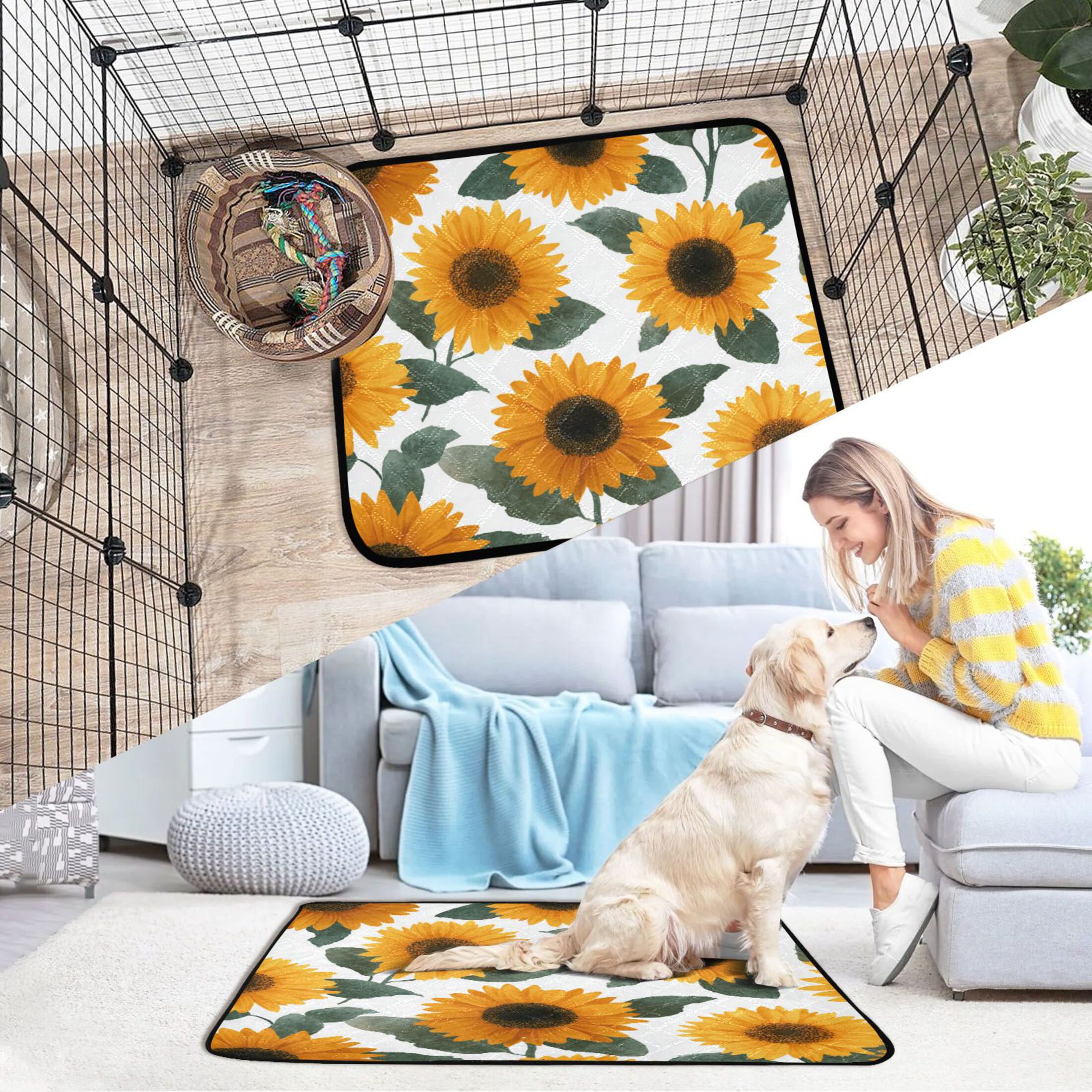 Washable Pet Pee Pads with Super Absorbent Reusable Training Pads for Dogs & Cats Orange Sunflowers