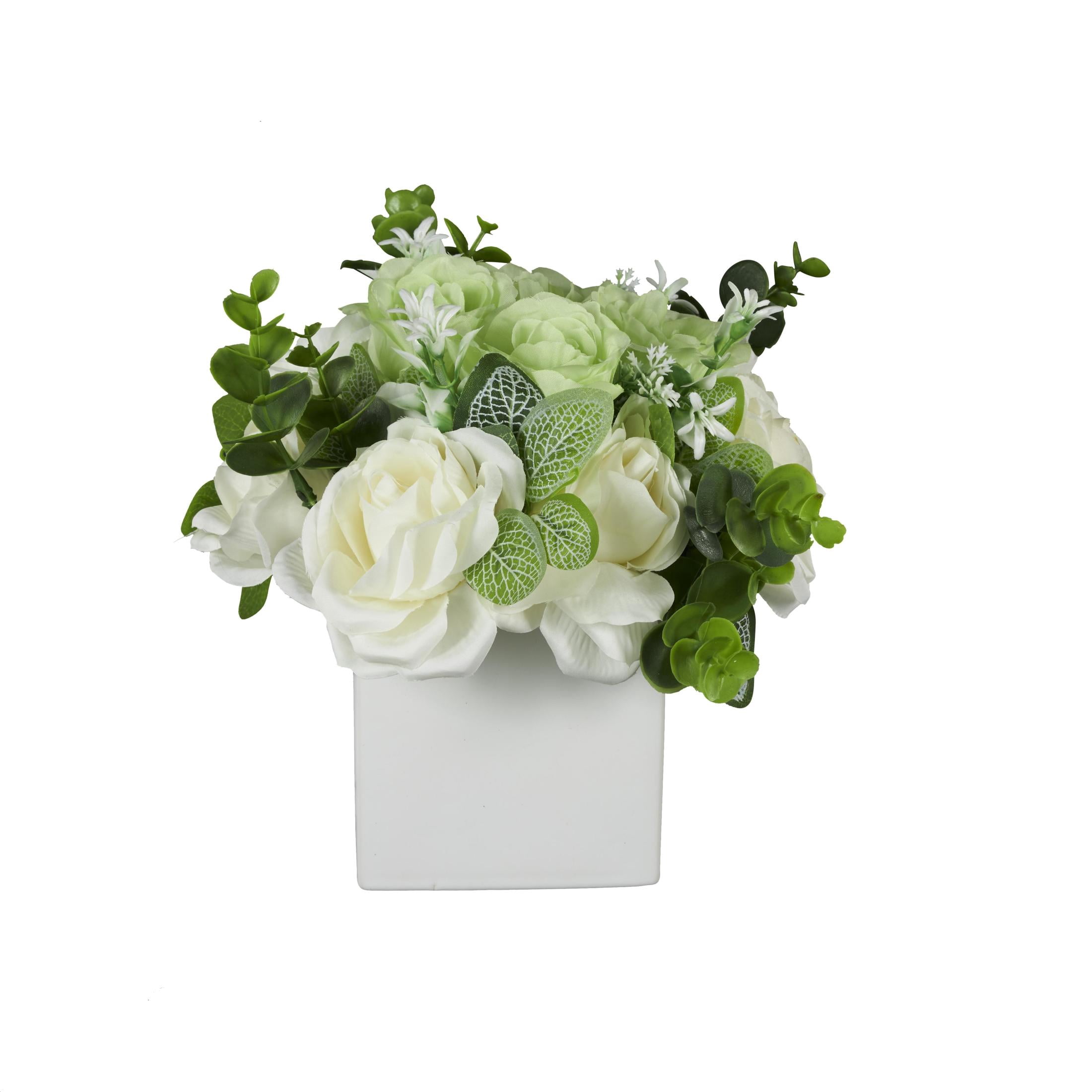 10" Plastic  Hydrangea and Pom Pom Artificial Flower in Green Leaves and Square Ceramic Vase, by DecMode