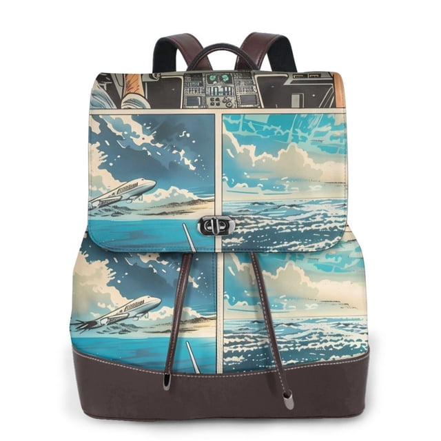 Balery Comic Airplane Cockpit Illustration Mochila de Cuero para Mujeres, Gran Capacidad, Bolsa de Viaje Multifuncional, Mochila de Cuero y Bolsa de Hombro para Mujeres