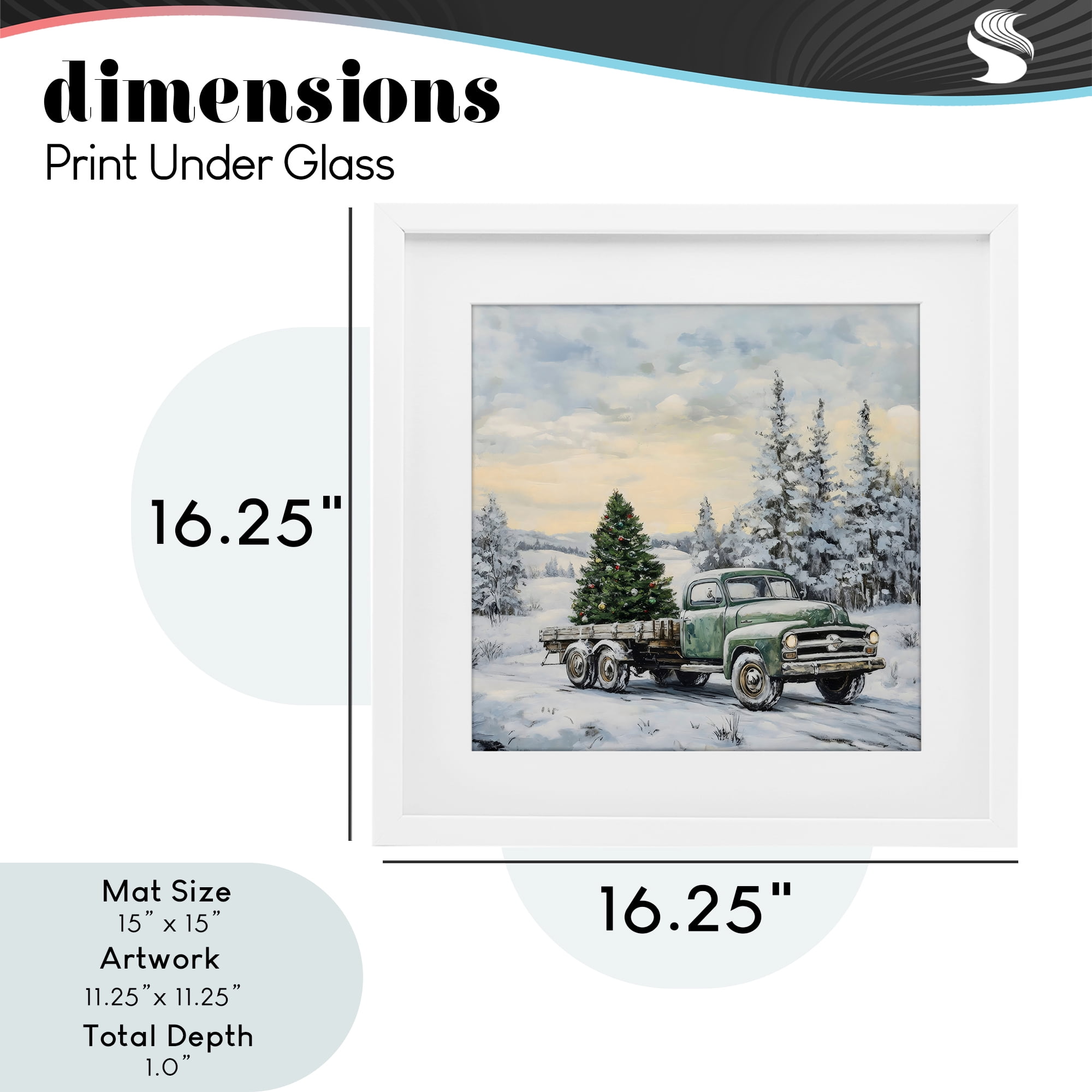 Green Christmas Tree Truck White Framed Print Under Glass, design by Petal Prints Design