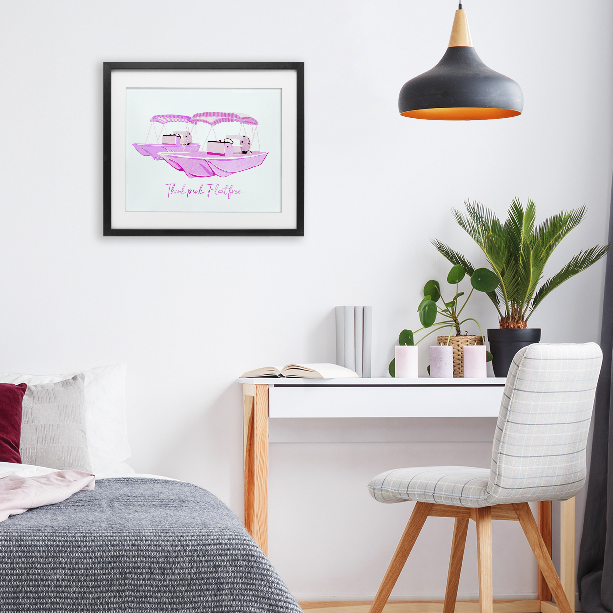 Think Pink Float Free Boats Black Framed Print Under Glass, design by Ziwei Li
