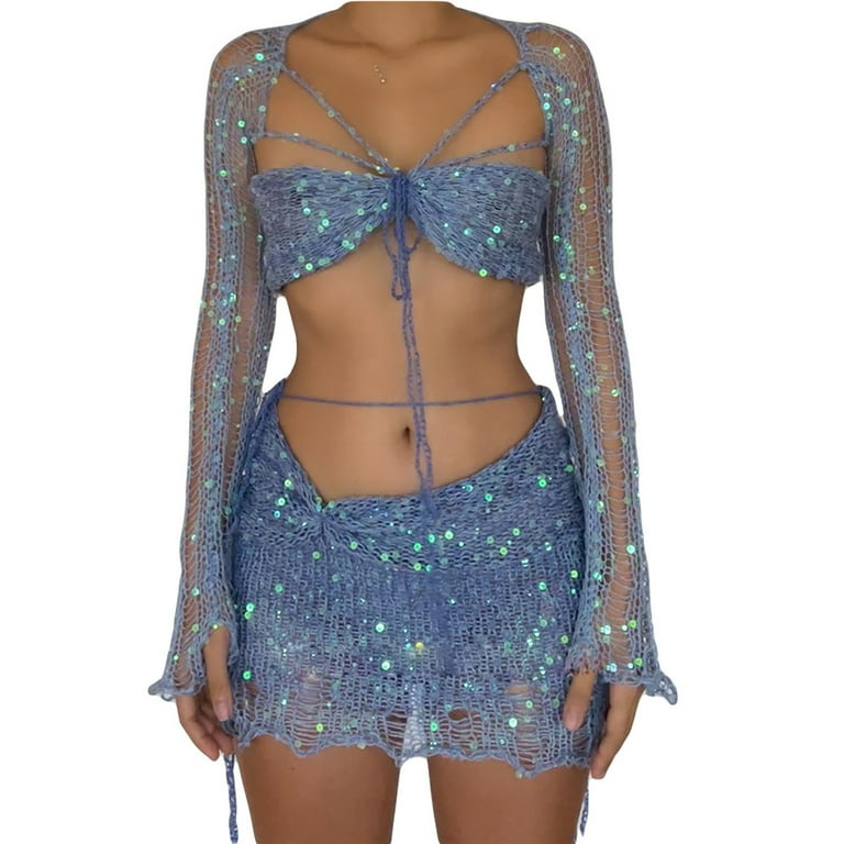 Leesechin Women's Crochet Sequin Dress 2 Piece Knitted Dress Crop Top  Hollow Long Sleeve Split Fashion Sparkle Mini Dress Sets - Walmart.com