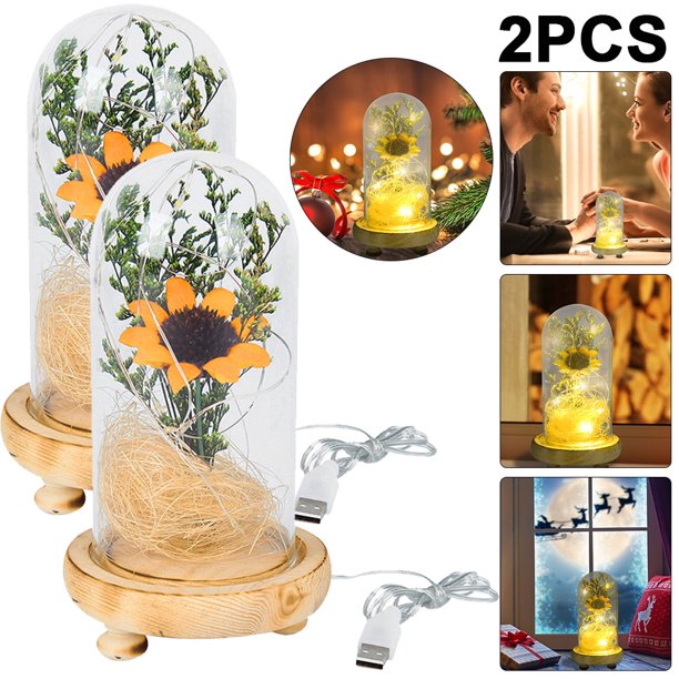 Lámpara Decorativa para Mesita Noche Cúpula Cristal Flores Secas Banquete Girasol 2 Uds. Color Amarillo