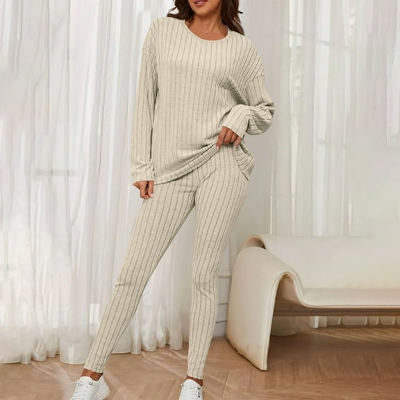 Dgankt Women Sets 2 Piece Outfits Fashion Solid Knitted Round Neck Long Sleeve Casual Pants Set,Size S-3XL