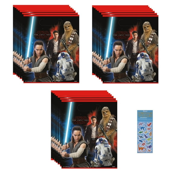Star Wars Birthday Party Supplies Bundle include 24 Plastic Favor Loot Bags 6.5" x 9" and 1 Dinosaur Sticker Sheet