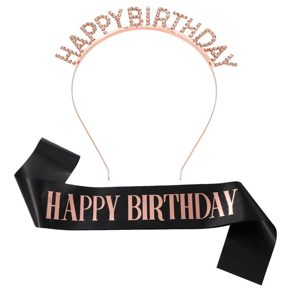 Uxcell Birthday Crown and Sash, Birthday Sash for Women Rhinestone Tiara for Party Favor Decorations Gifts, Black-Rose Gold