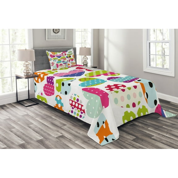 Ambesonne Colorful Quilted Bedspread Set 2 Pcs, Heart Patches and Dots, Twin Size, Multicolor