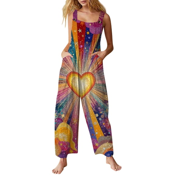 Fgvctg Valentine's Day Women's Jumpsuits Wide Leg Pant Comfy Overall Love Heart Graphic Sleeveless Spaghetti Straps Jumpsuits Romper Bib Overalls Loose Sprimg Pants With Pockets Hot Pink L