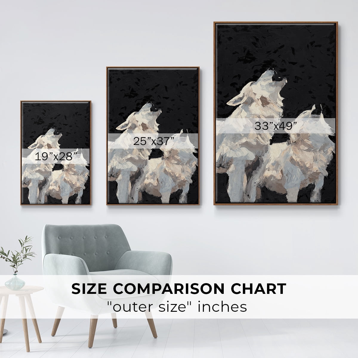 Midnight Wolves Framed Premium Gallery Wrapped Canvas - Ready to Hang - 17 x 25 - Walnut Floating Frame